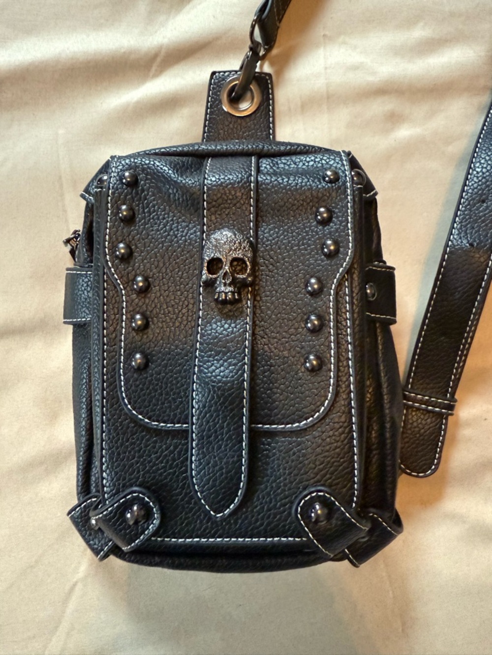 Black Skull Studded Crossbody Bag - Leather Look
